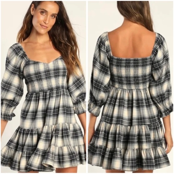 Lulus Dresses & Skirts - Lulu's Black and White Plaid Smocked Tiered Mini Dress